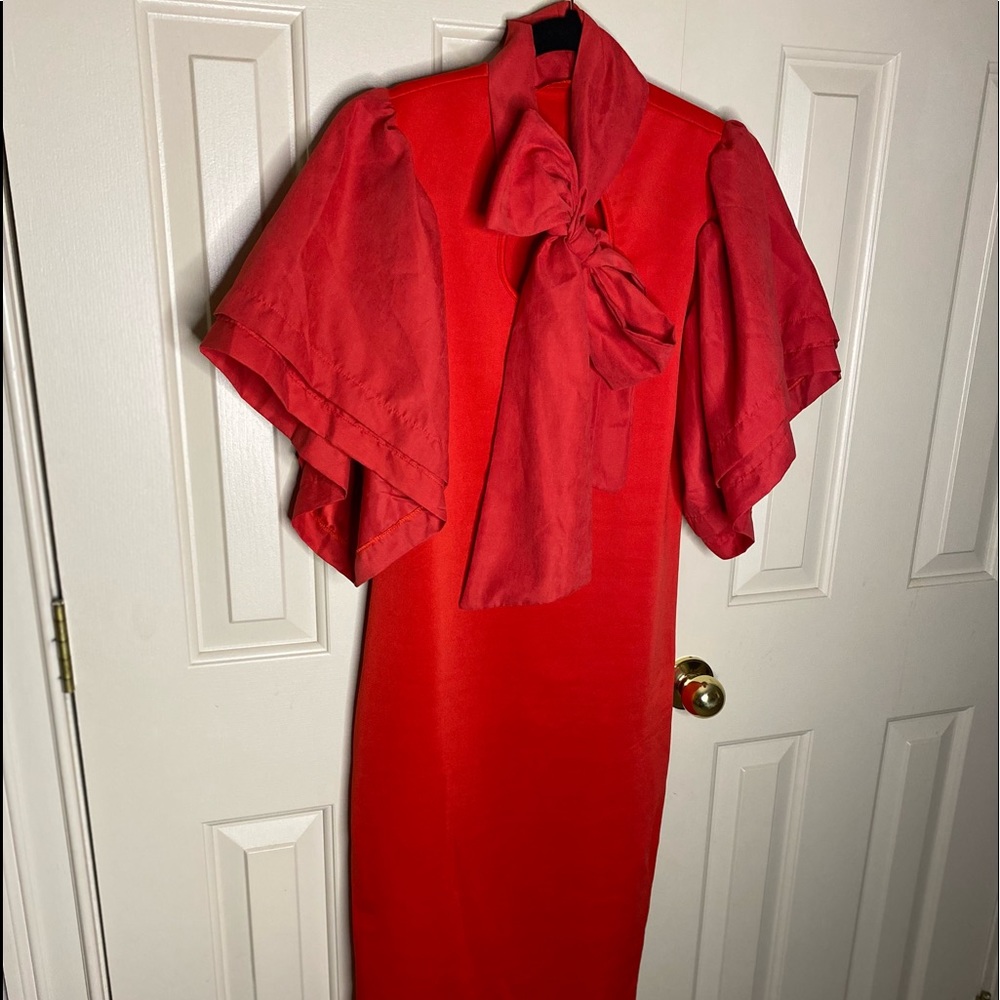 Red, ruffle sleeve, bow tie, faux suede dress, Medium. - Picture 1 of 3
